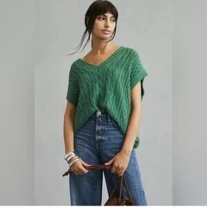 Anthropologie Oversized Cable Knit Sweater Vest V Neck In Green Small